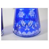 Bohemia Cobalt Blue Glass Carafe and Tumbler with Floral Etching