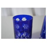 Bohemia Cobalt Blue Glass Carafe and Tumbler with Floral Etching