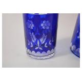 Bohemia Cobalt Blue Glass Carafe and Tumbler with Floral Etching