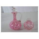 Pair of Antique pink art glass cruet and vase