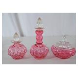 Vintage Fenton Pink Glass Vanity Set with Stoppers and Lidded Jar