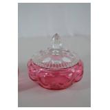 Vintage Fenton Pink Glass Vanity Set with Stoppers and Lidded Jar