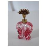 Vintage Ruby Red Cut Glass Perfume Bottle with Brass Floral Stopper