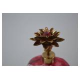 Vintage Ruby Red Cut Glass Perfume Bottle with Brass Floral Stopper