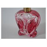 Vintage Ruby Red Cut Glass Perfume Bottle with Brass Floral Stopper