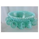 Aqua Blue Fenton Hobnail Glass Punch Bowl Set with 12 Cups & Clear Ladle