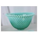 Aqua Blue Fenton Hobnail Glass Punch Bowl Set with 12 Cups & Clear Ladle