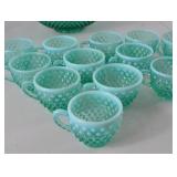 Aqua Blue Fenton Hobnail Glass Punch Bowl Set with 12 Cups & Clear Ladle