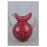 Fenton Victorian Cranberry Art Glass Pitcher with Ruffled Rim, 9 Inch Tall