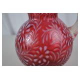 Fenton Victorian Cranberry Art Glass Pitcher with Ruffled Rim, 9 Inch Tall