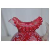 Fenton Victorian Cranberry Art Glass Pitcher with Ruffled Rim, 9 Inch Tall