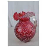 Fenton Victorian Cranberry Art Glass Pitcher with Ruffled Rim, 9 Inch Tall