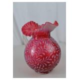 Fenton Victorian Cranberry Art Glass Pitcher with Ruffled Rim, 9 Inch Tall
