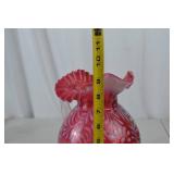 Fenton Victorian Cranberry Art Glass Pitcher with Ruffled Rim, 9 Inch Tall