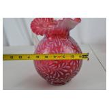 Fenton Victorian Cranberry Art Glass Pitcher with Ruffled Rim, 9 Inch Tall
