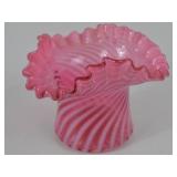 Fenton Victorian Cranberry Opalescent Swirl Ruffled Glass Vase