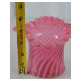 Fenton Victorian Cranberry Opalescent Swirl Ruffled Glass Vase