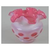 Vintage Fenton Cranberry Opalescent Coin Dot Ruffled Vase, 4.5 in