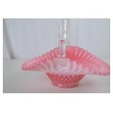 Fenton Vintage Pink Hobnail Art Glass Basket with Clear Handle