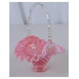 Fenton Pink Hobnail Art Glass Basket with Clear Handle - 7 inch Tall