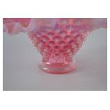 Fenton Pink Hobnail Art Glass Basket with Clear Handle - 7 inch Tall