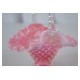 Fenton Pink Hobnail Art Glass Basket with Clear Handle - 7 inch Tall