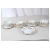 Vintage Floral Porcelain Teacups and Saucers, Hand Painted, Set of 4