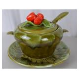 Vintage Green Leaf Ceramic Tureen Set with Ladle and Underplate