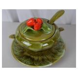 Vintage Green Leaf Ceramic Tureen Set with Ladle and Underplate