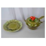 Vintage Green Leaf Ceramic Tureen Set with Ladle and Underplate
