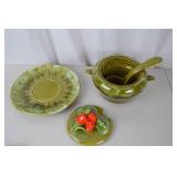 Vintage Green Leaf Ceramic Tureen Set with Ladle and Underplate