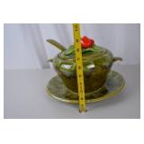 Vintage Green Leaf Ceramic Tureen Set with Ladle and Underplate