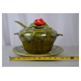Vintage Green Leaf Ceramic Tureen Set with Ladle and Underplate
