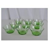 Lot of 9 Green Glass Dessert Bowls with Large Matching Serving Bowl