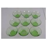 Lot of 9 Green Glass Dessert Bowls with Large Matching Serving Bowl