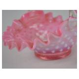 Vintage Fenton Pink Opalescent Hobnail Glass Basket with Clear Handle