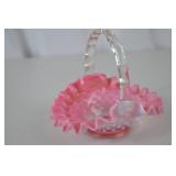 Vintage Fenton Pink Opalescent Hobnail Glass Basket with Clear Handle