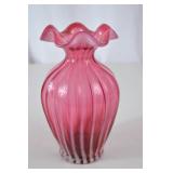 Fenton Ruffled Cranberry Art Glass Vase - 8 Inch