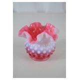 Vintage Fenton pink opalescent hobnail ruffled glass vase, 3.5 in tall