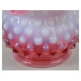 Vintage Fenton pink opalescent hobnail ruffled glass vase, 3.5 in tall