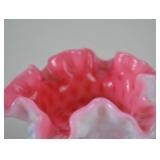Vintage Fenton pink opalescent hobnail ruffled glass vase, 3.5 in tall