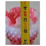 Vintage Fenton pink opalescent hobnail ruffled glass vase, 3.5 in tall