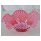 Victorian Fenton Hobnail Cranberry Opalescent Glass Ruffled Bowl