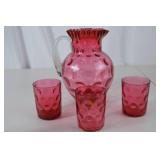 Fenton Cranberry Glass Pitcher with Three Matching Tumblers