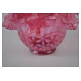 Pink Fenton opalescent glass basket with clear handle, ruffled rim, floral pattern