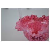 Pink Fenton opalescent glass basket with clear handle, ruffled rim, floral pattern