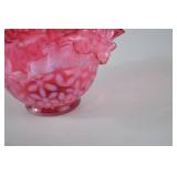 Pink Fenton opalescent glass basket with clear handle, ruffled rim, floral pattern