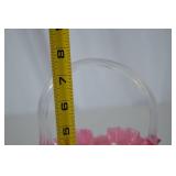 Pink Fenton opalescent glass basket with clear handle, ruffled rim, floral pattern