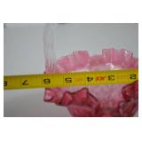 Pink Fenton opalescent glass basket with clear handle, ruffled rim, floral pattern