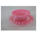 Vintage Fenton Pink Hobnail Glass Bowl and Underplate with Clear Ladle